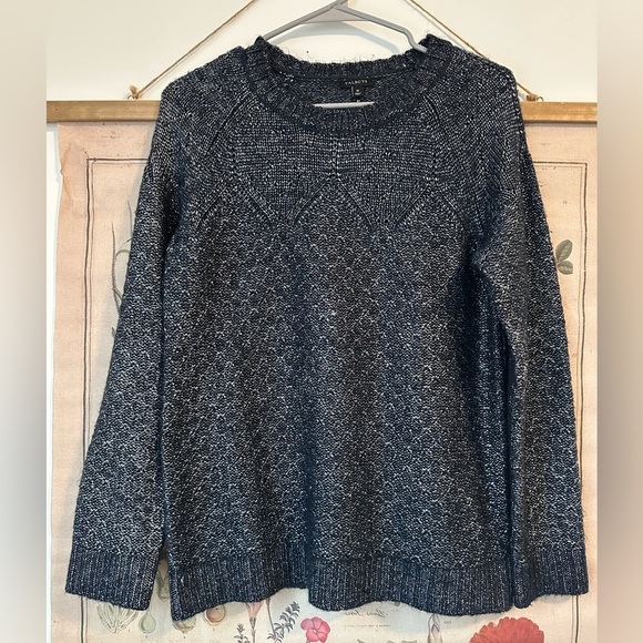 Talbots Metallic Knit Fuzzy Long Sleeve Navy Silver Sweaterer Crew Neck Medium - Picture 1 of 10